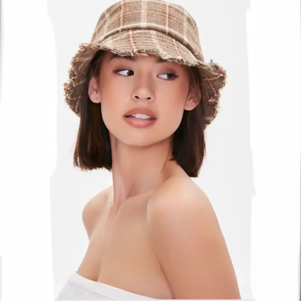 Frayed Woven Bucket Hat allover plaid pattern wide brim, and frayed raw-cut Trim